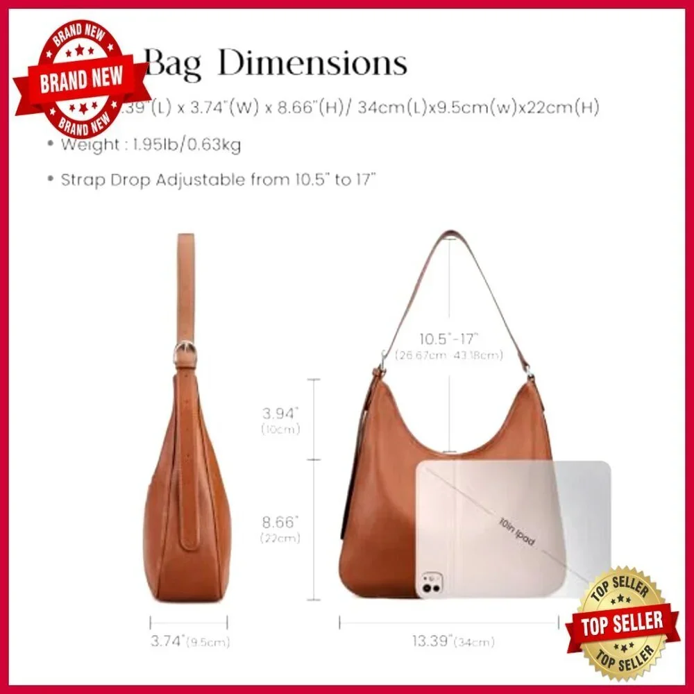Genuine Leather Hobo Shoulder Bag Adjustable Strap Medium Size